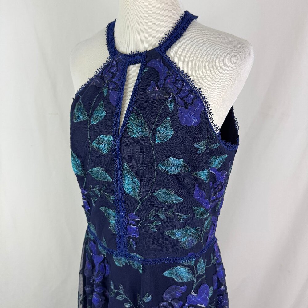 Marchesa Notte Dress Medium 12 Black Floral Embroidered Keyhole Cold Shoulder